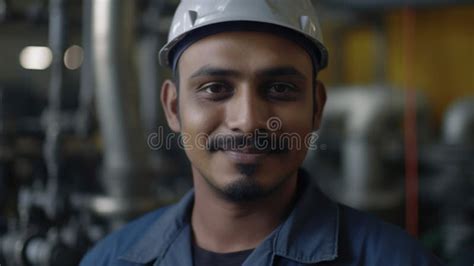 A Smiling Indian Male Factory Worker Standing In Oil Refinery Plant