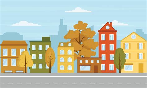 Autumn cartoon vector illustration of autumn sunny city street. Three ...