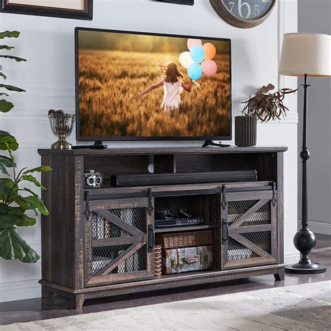 OKD Farmhouse Wood TV Stand For 65 Inch TV Industrial Farmhouse