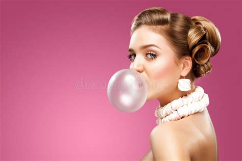 Beautiful Blonde Woman Blowing Pink Bubble Gum Girl Listen Music In