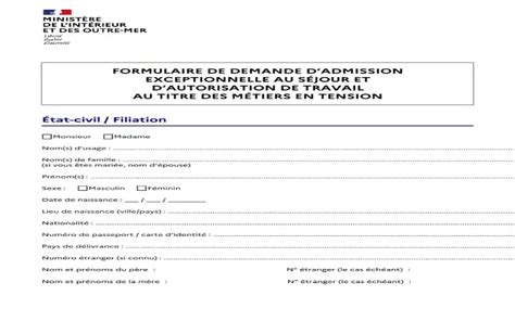 Formulaire de demande de Titre de Séjour Nouveau Formulaire