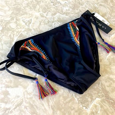 La Blanca Swim Nwt Black String Rainbow Aztec Print Side Tassel Tie Full Back Swim Bikini
