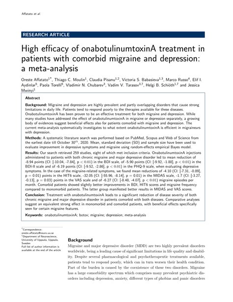 Pdf High Efficacy Of Onabotulinumtoxina Treatment In Patients With Comorbid Migraine And