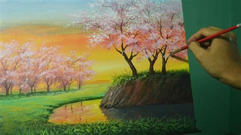 Acrylic Landscape Painting Lesson Cherry Blossoms On Sunset By