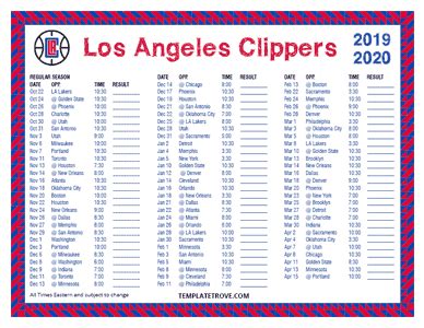 Printable 2019-2020 Los Angeles Clippers Schedule