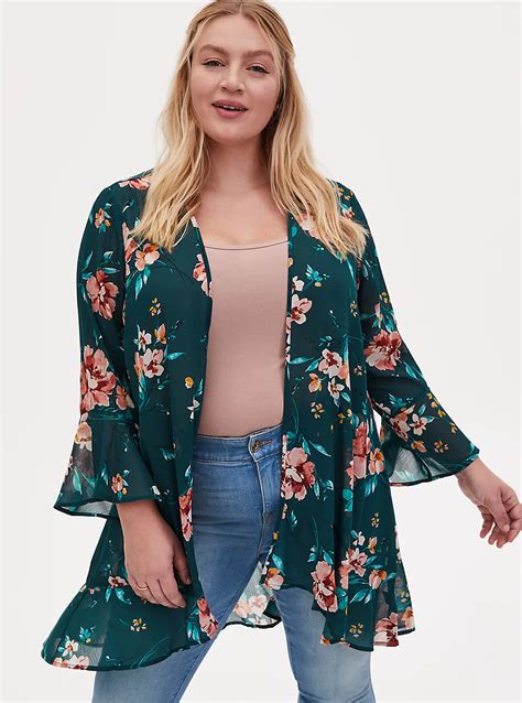 Plus Size Teal Floral Crinkled Chiffon Ruffle Trim Hi Lo Kimono Torrid