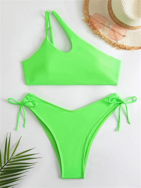 Plain One Shoulder Tie Side Bikini Swimsuit Shein Usa