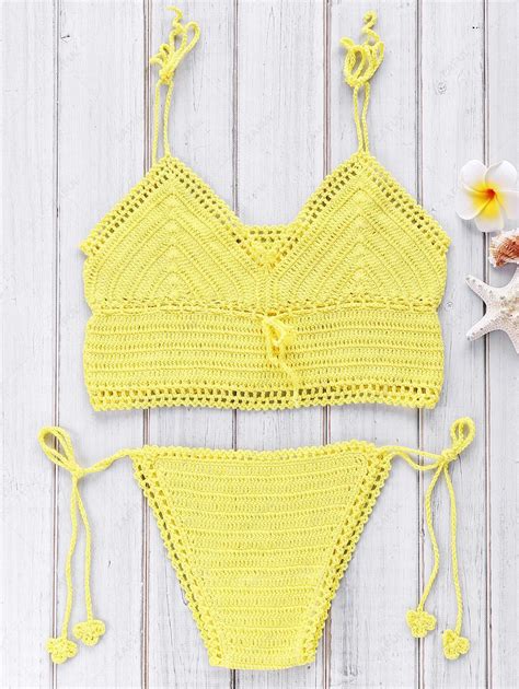 Crocheted Spaghetti Straps Bikini Set In YELLOW ZAFUL