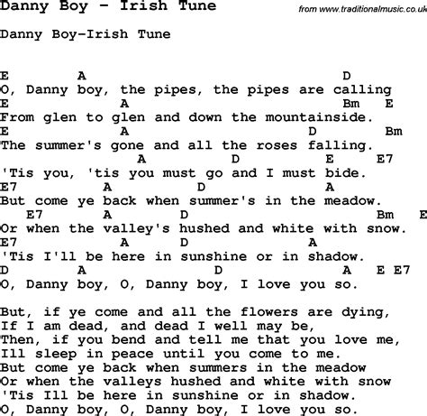 Song Danny Boy by Irish Tune, song lyric for vocal performance plus ...