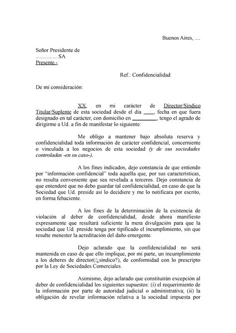 Carta Confid Cartas De Confidencialidad Derecho Societario Buenos