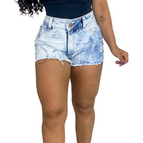 Shorts Jeans Luxo Feminino Cintura Alta Hot Pants Claro Desfiado Na Perna Tend Ncia Tik Tok