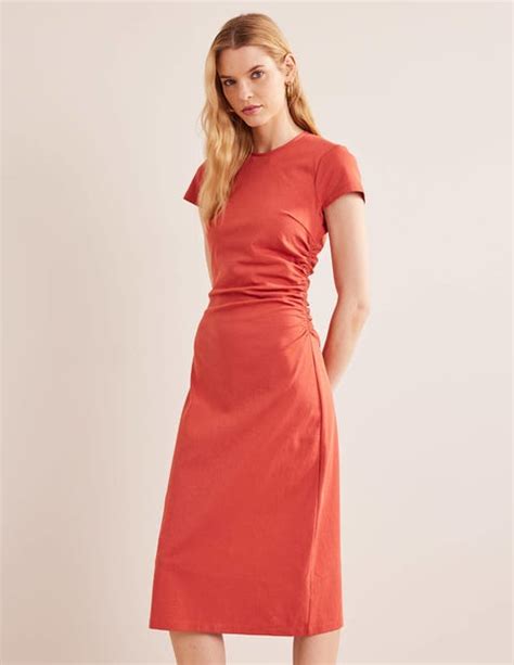 Side Ruched Jersey Midi Dress Tomato Boden Au