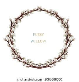 Watercolor Pussywillow Branches Circle Frame Holiday Stock Illustration