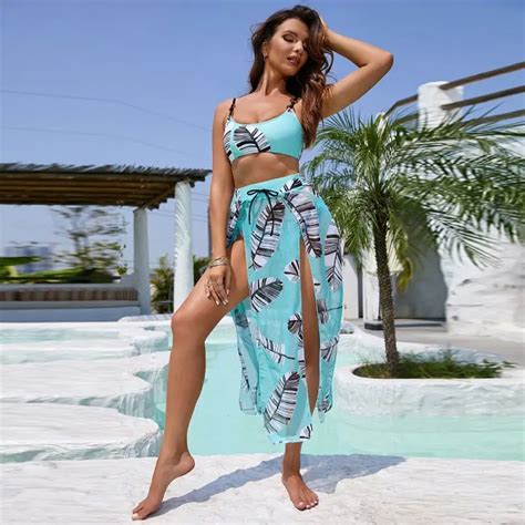 Women Three Piece Sexy Swimsuit Leaf Printing Bikini Women Push Up Swimwear Swimming Suit
