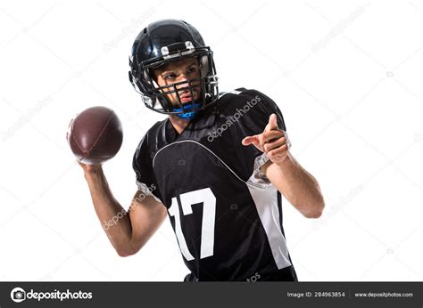 American Football Player Ball Pointing Finger Isolated White — Stock