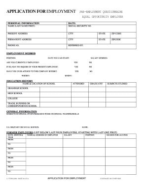 Fillable Online Application For Employment Preemployment Questionnaire