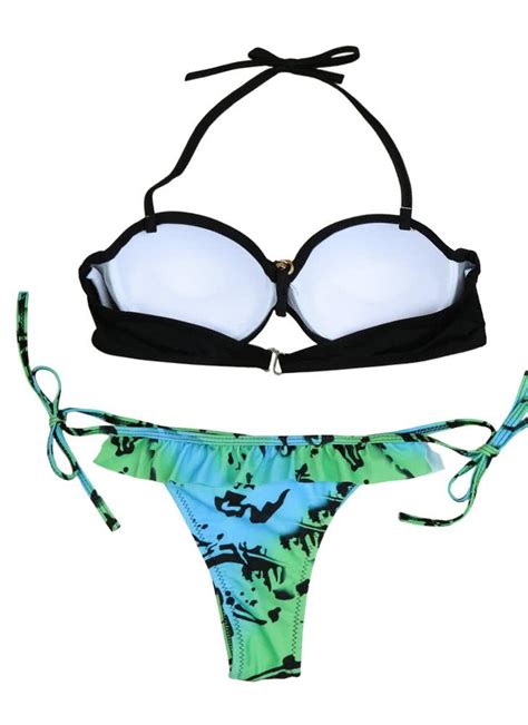 L Black Sexy Halter Print Underwire Bikini Set Chicuu