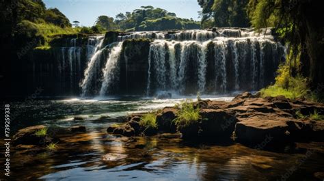 Vibrant Rainbow Arching Over A Cascading Waterfall Lush Greenery