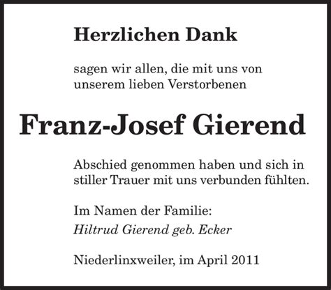 Traueranzeigen Von Franz Josef Gierend Saarbruecker Zeitung Trauer De