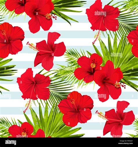 Hibiscus Flower Vector Seamless Pattern On A Blue Stripes Background