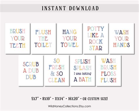 Colorful Kids Bathroom Printable Signs Set Of 9 Soft Muted Colors