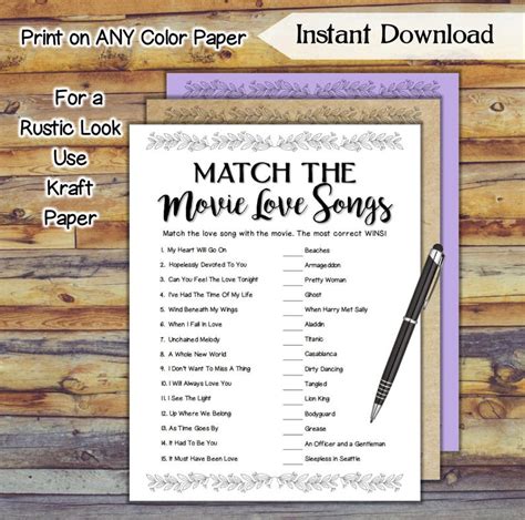 Match The Movie Love Song Bridal Shower Game Printable Etsy