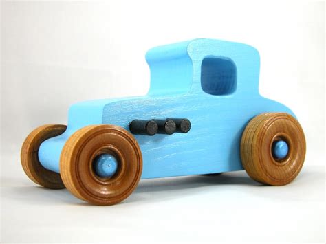Wooden Toy Car Hot Rod 1927 T Coupe Handmade And Painted Baby Blue With Black And Metallic