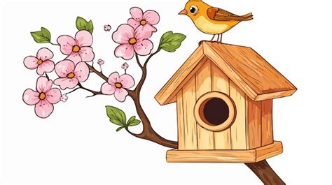 Spring Cartoon Birdhouse Character Isolated Vector Premium Ai