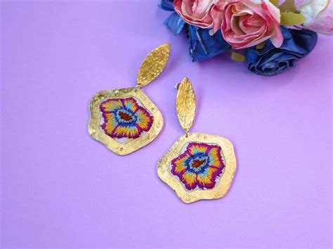 Hand Embroidered Earrings Dainty Floral Statement Earrings Modern