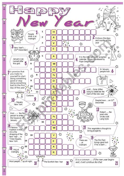 New Year Crossword Esl Worksheet By Tecus