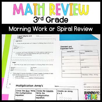 3rd Grade Math Spiral Review Worksheets TPT