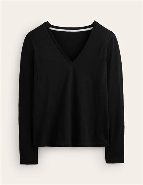 Cotton V Neck Long Sleeve Top Black Boden Eu