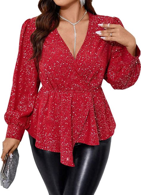 Makemechic Women S Plus Size V Neck Lantern Sleeve Shirt Glitter Shiny