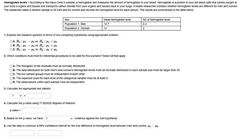 SOLVED: Hemoglobin levels According to the Mayo Clinic website, a hemoglobin test measures the ...