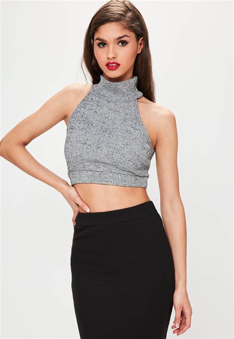 Lyst Missguided Grey Roll Neck Sleeveless Crop Top In Gray