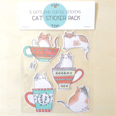 Cats and Coffee Stickers and A6 Cat Print Sticker Pack Cute Kawaii ...