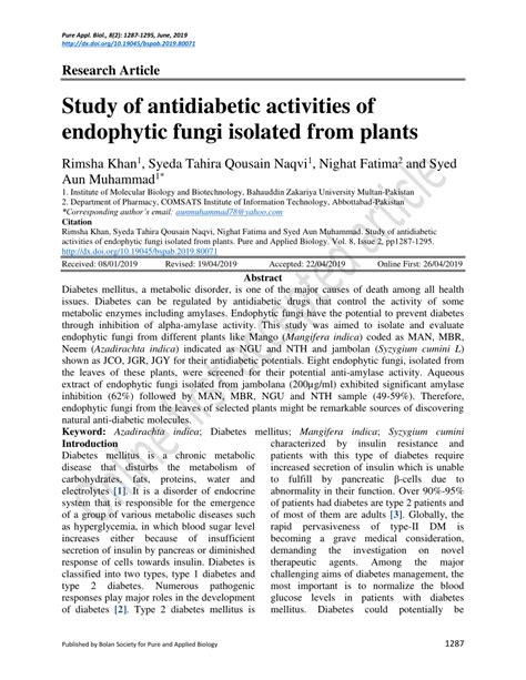 Pdf Study Of Antidiabetic Activities Of Endophytic Fungi Isolated