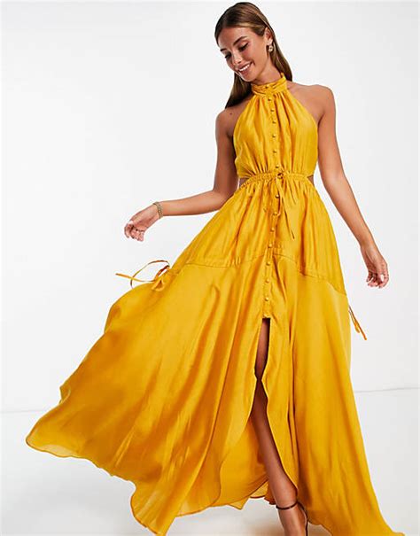 Asos Design Halter Maxi Dress With Button Though Detail And Tiered Skirt In Mustard Asos