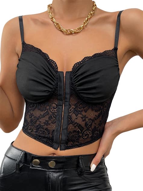 Women Sexy Lace Mesh Corset Top Sleeveless Spaghetti Strap Cami Tanks