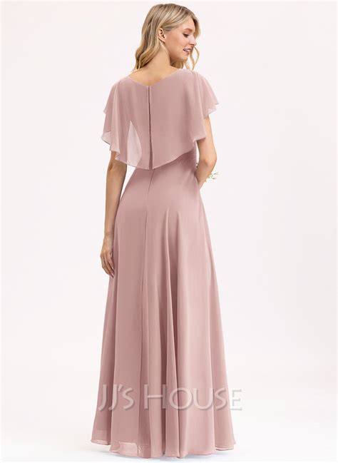 A Line V Neck Floor Length Chiffon Bridesmaid Dress With