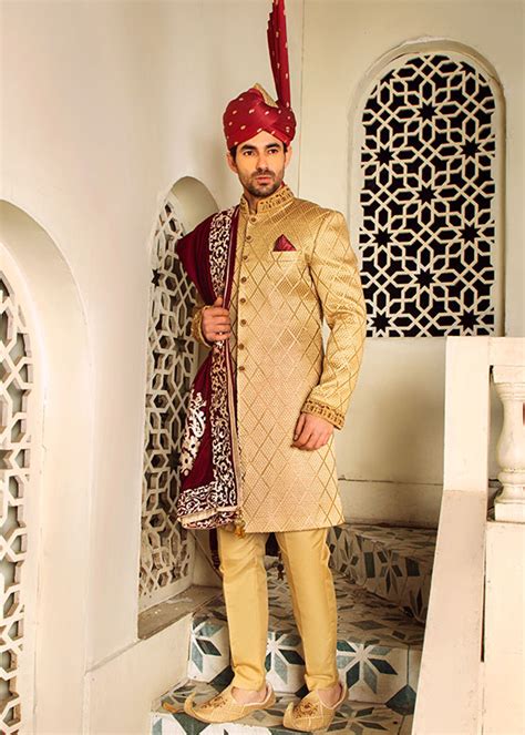 Buy Golden Self Texture Sherwani For Groom Shameel Khan