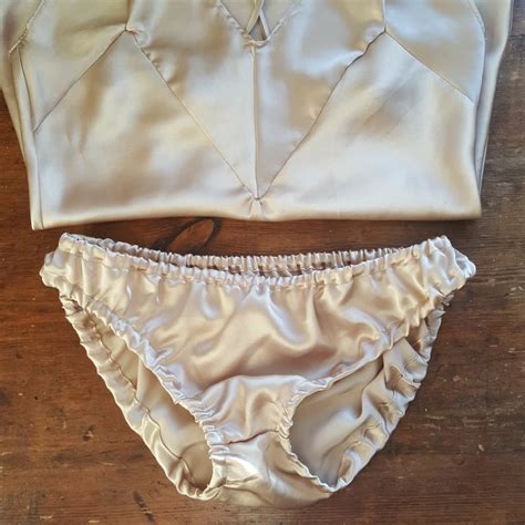 Pure Silk Satin Bias Cut Camisole Slip Knicker Set Beige Nude Vintage