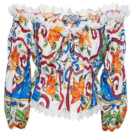 Dolce And Gabbana Multicolor Majolica Printed Cotton Lace Detail Off