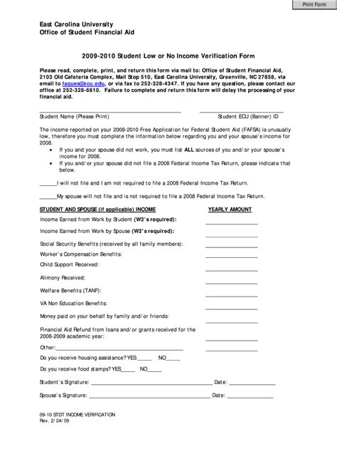 Student Low Or No Income Verification Form Fill Out And Sign