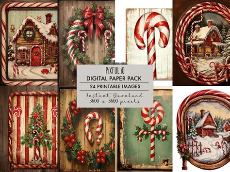 Christmas Candy Canes On Wook Digital Paper 24 Pack Junk Journal Kit