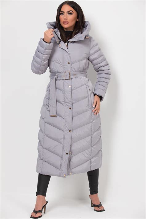 Women's Long Puffer Padded Down Coat With Belt Grey – Styledup.co.uk