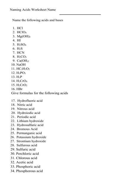 Acids And Bases Naming Worksheet Printable And Enjoyable Learning