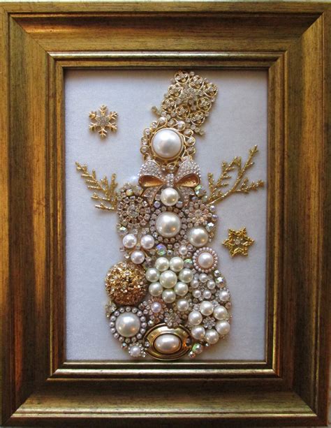 Jeweled Framed Jewelry Art Snowman Snowwoman White Gold Vintage