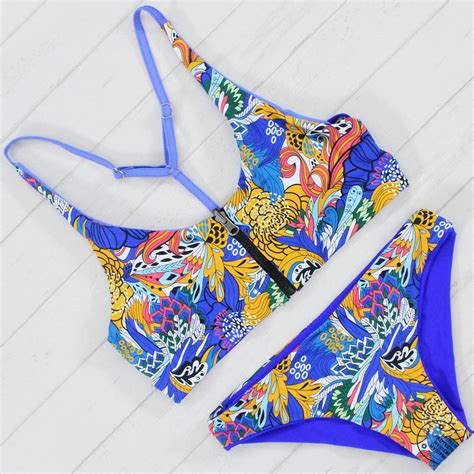 New Branded Bikini Sexy Women Bikini Set Bandage Bathing Suit Vintage Print Zipper Swimwear