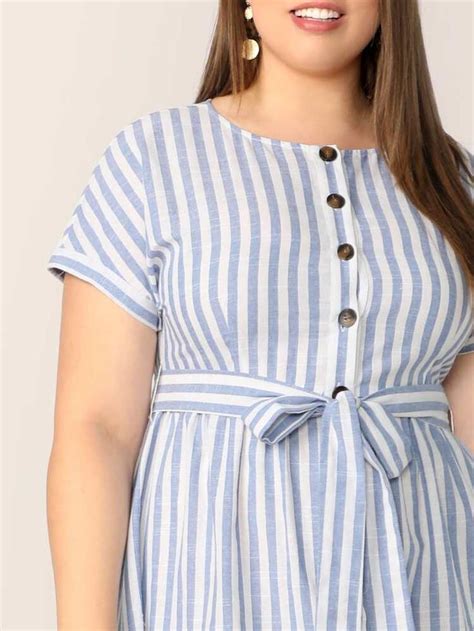 SHEIN Plus Button Front Striped Belted Dress Belted Dress Fashion